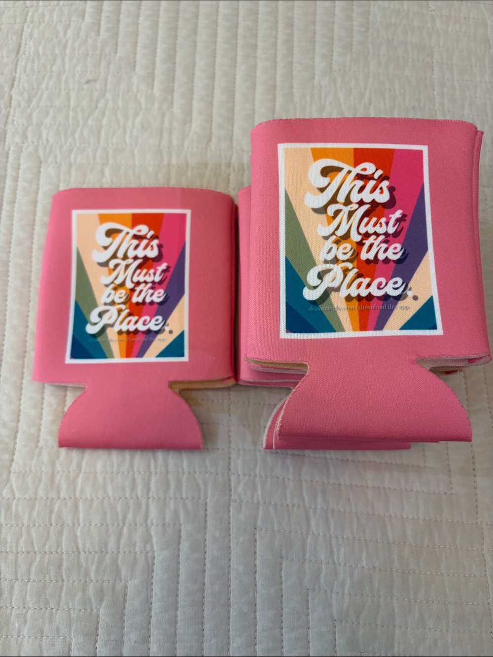 Pink "This Must Be the Place" koozies